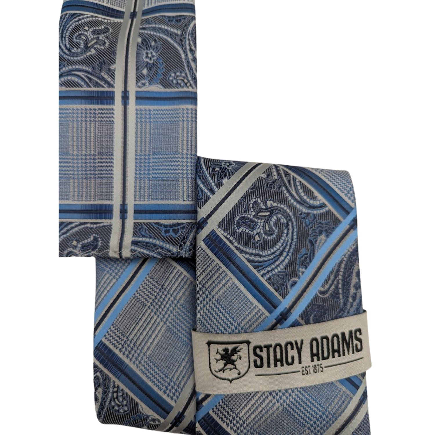 folded light blue and navy plaid paisley necktie with matching pocket square