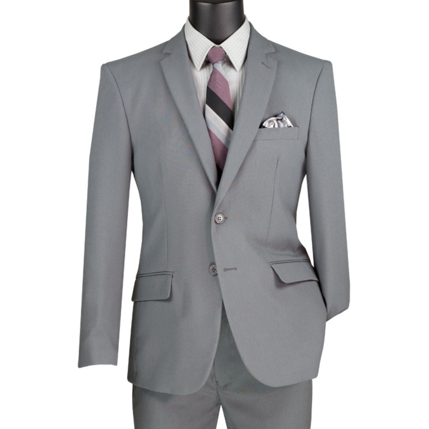 Close-up detail of medium grey solid color slim fit suit fabric and jacket front