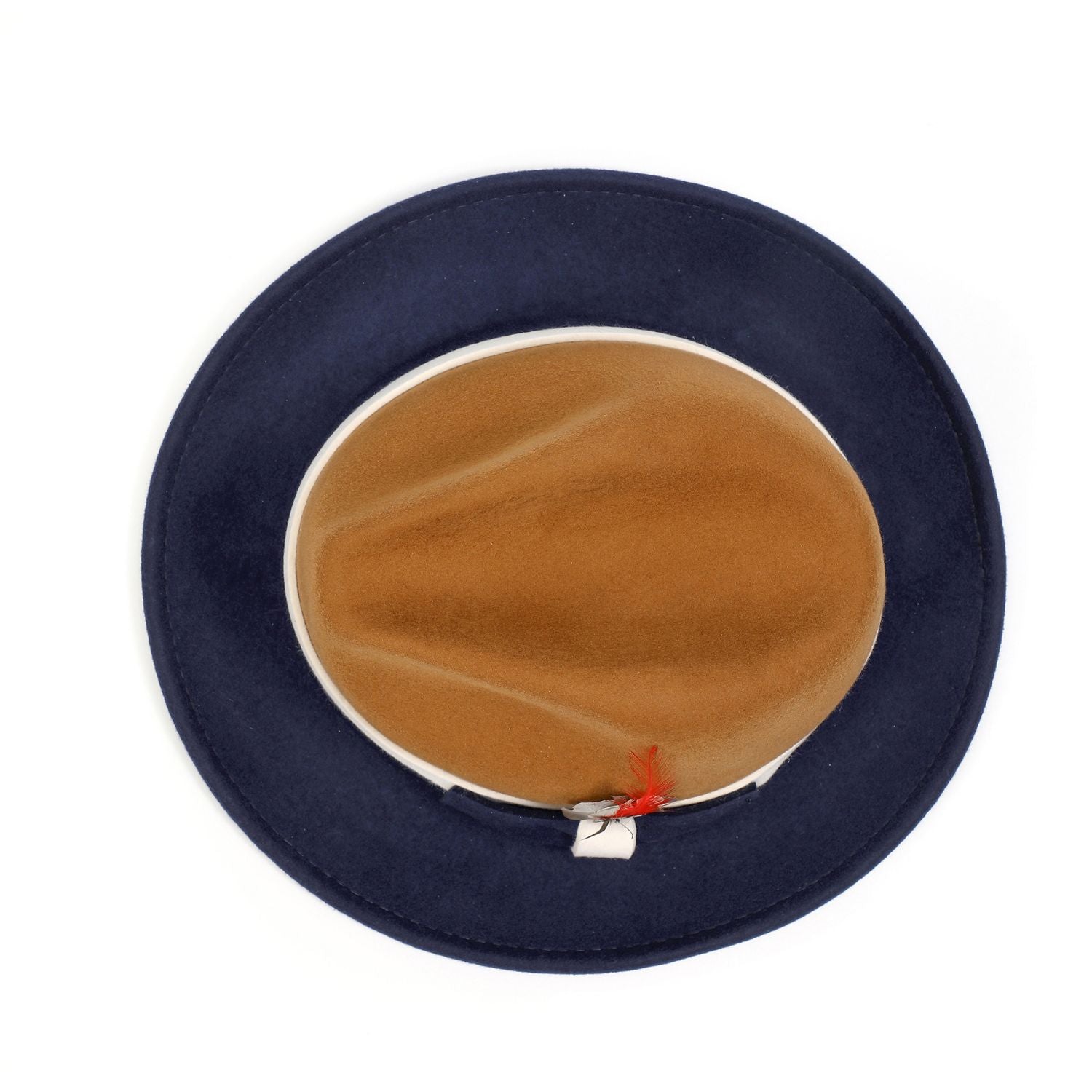 top view navy fedora hat with structured crown