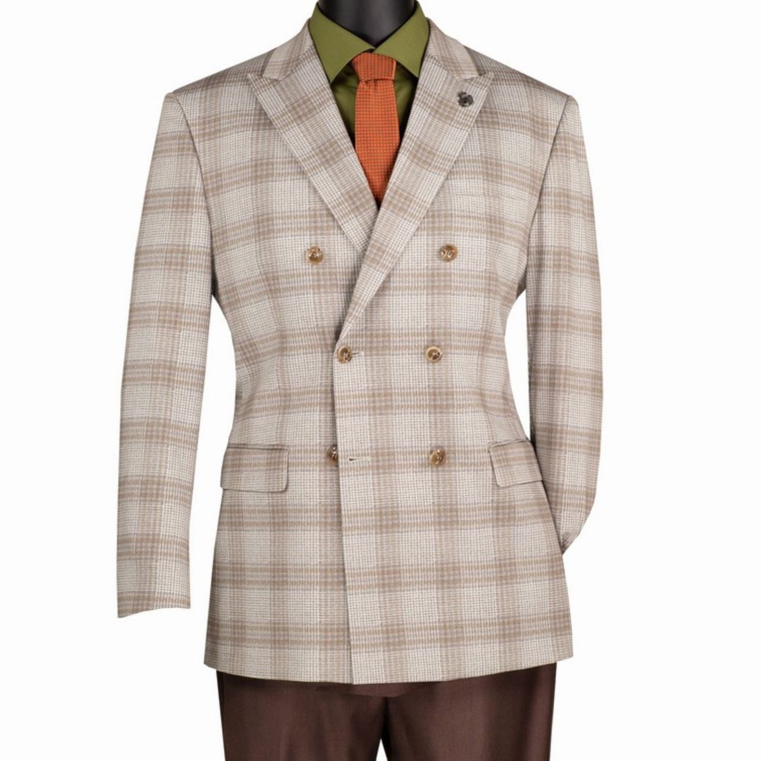 Close-up detail of tan windowpane plaid blazer fabric and double-breasted front
