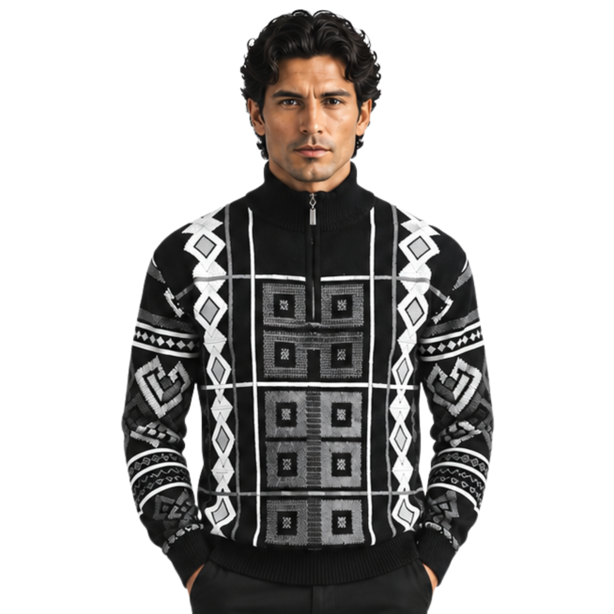 Stacy Adams 32022 black quarter-zip mock neck geometric sweater