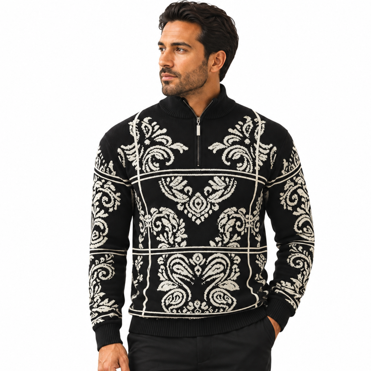 Stacy Adams 32021 grey quarter-zip mock neck window scroll sweater