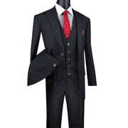 Men's Black Gangster Stripe 3-Piece Regular Fit Suit with Adjustable Waistband