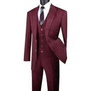 Men's Burgundy Gangster Stripe 3-Piece Regular Fit Suit with Adjustable Waistband