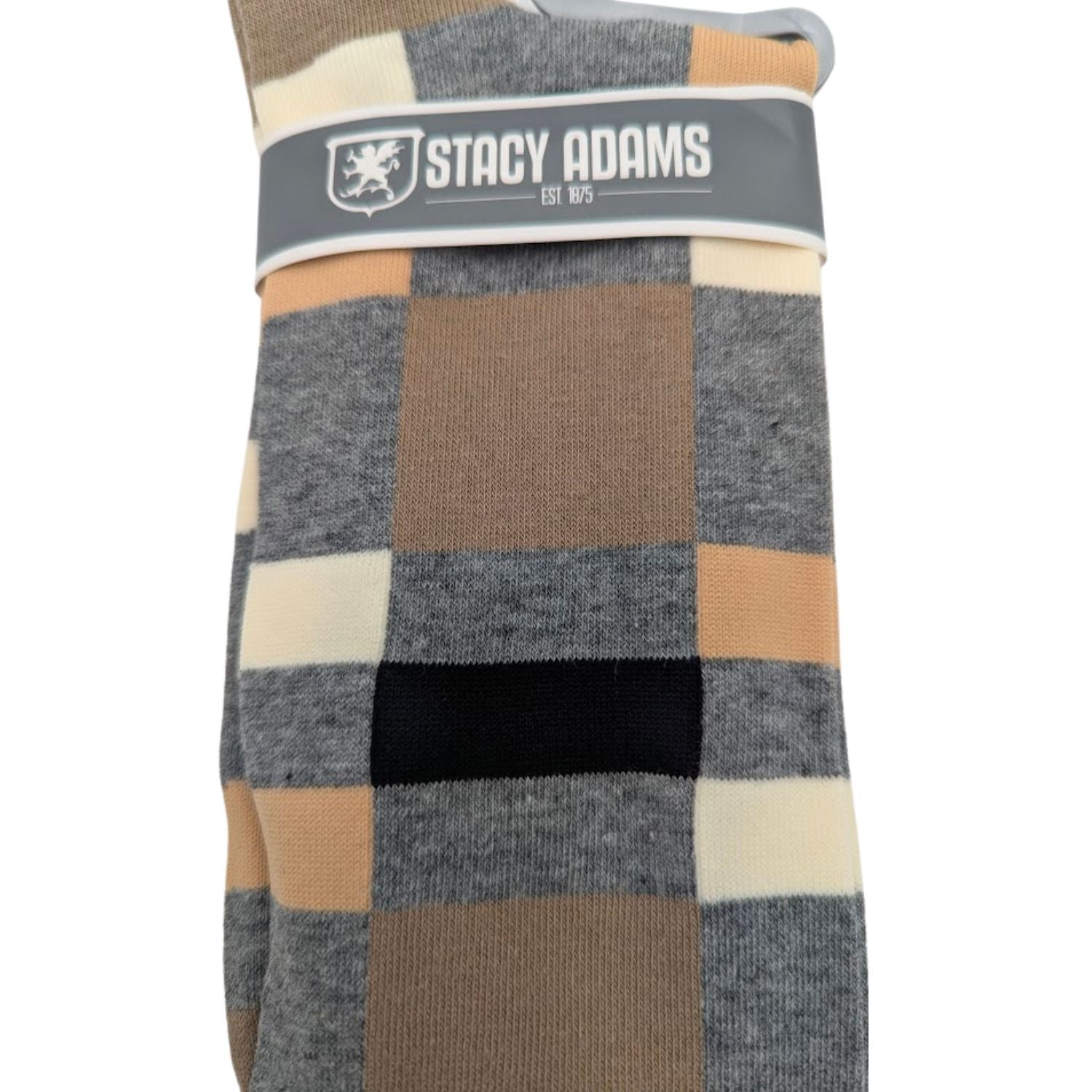 close up of taupe charcoal black and ivory block stripe dress socks