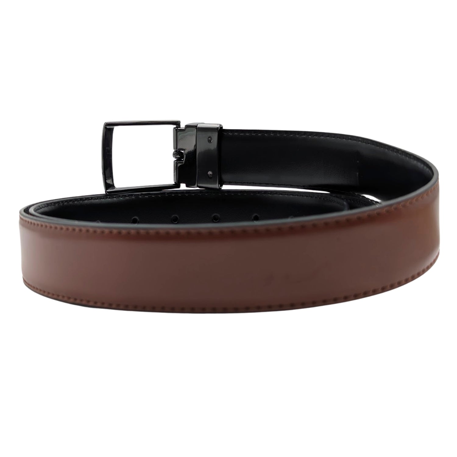 Men's cognac leather belt showing black underside and dark gunmetal hardware