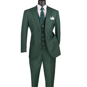 Men's Hunter Green Gangster Stripe 3-Piece Regular Fit Suit with Adjustable Waistband