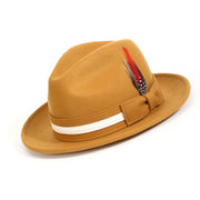 Gold Felt Fedora Hat with White Band and Red Feather by Montique
