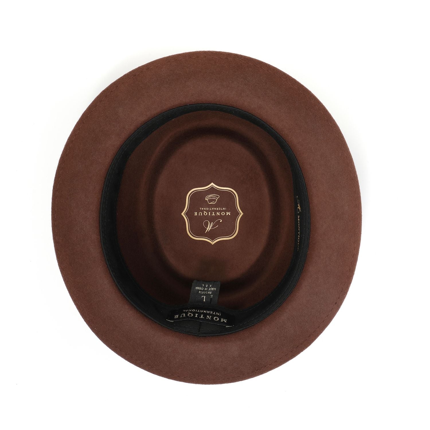 top view brown pork pie hat showing flat crown