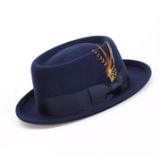 Navy Pork Pie Wool Felt Hat with Feather Accent by Montique