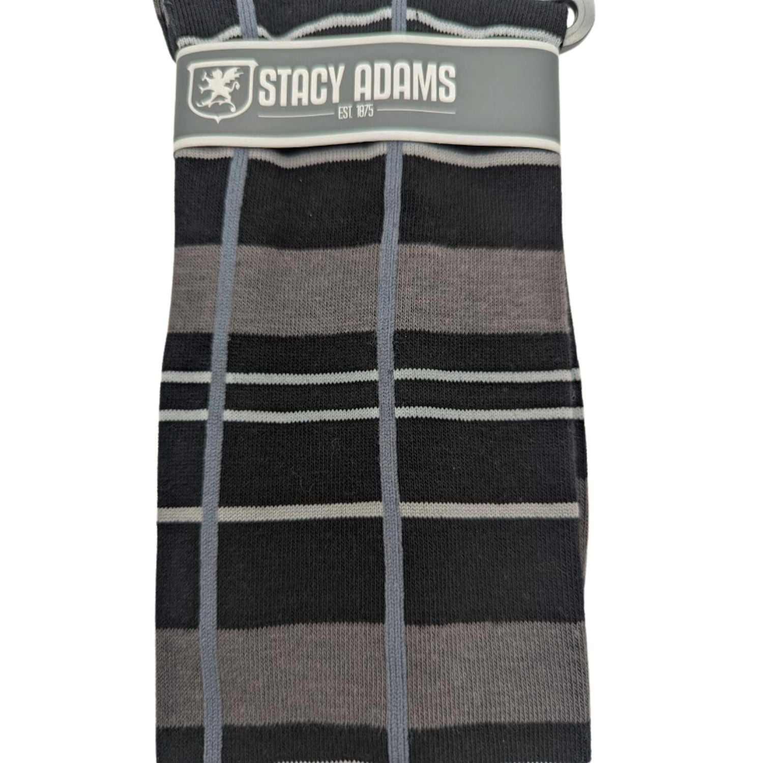 close up of black windowpane stripe dress socks with white horizontal lines
