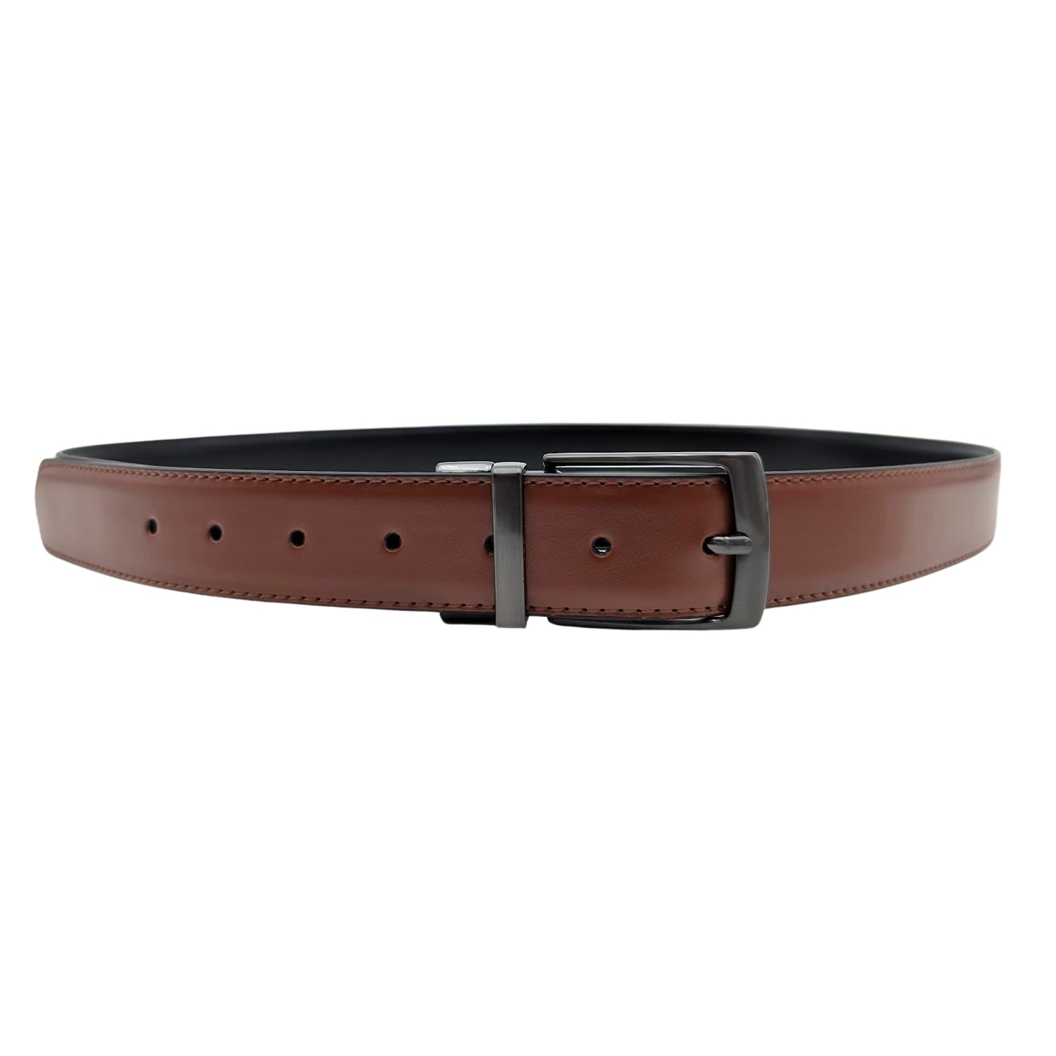 Men's cognac leather belt with tonal stitching and gunmetal buckle shown full length