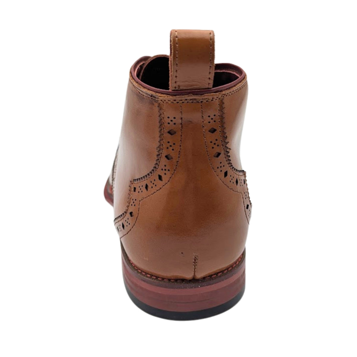 tan leather wingtip lace boot with brogue detailing rear view