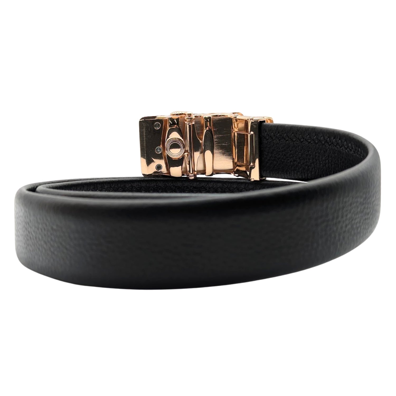 Black leather ratchet belt with removable rose gold-tone swirl plaque buckle