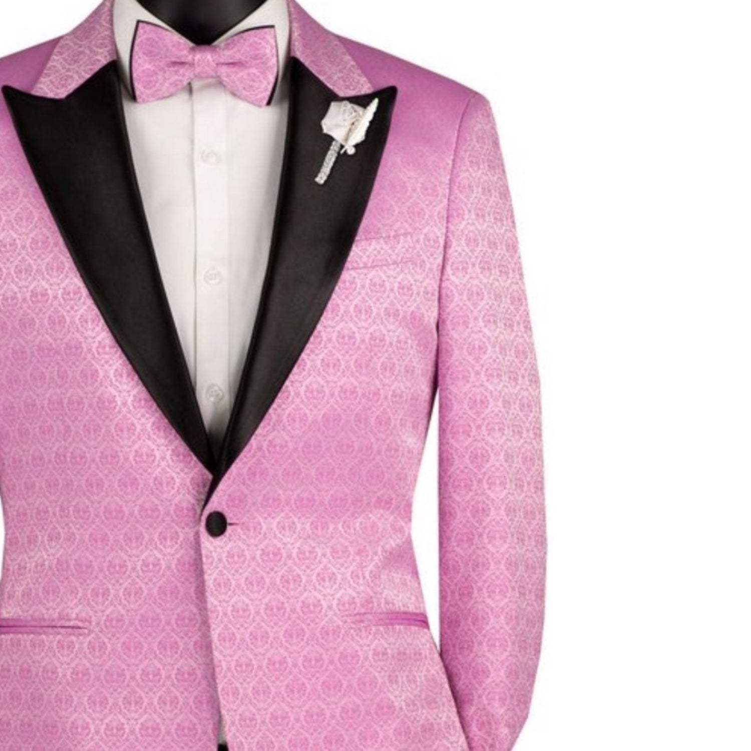 Close-up detail of lilac textured jacquard fabric and black satin shawl lapel