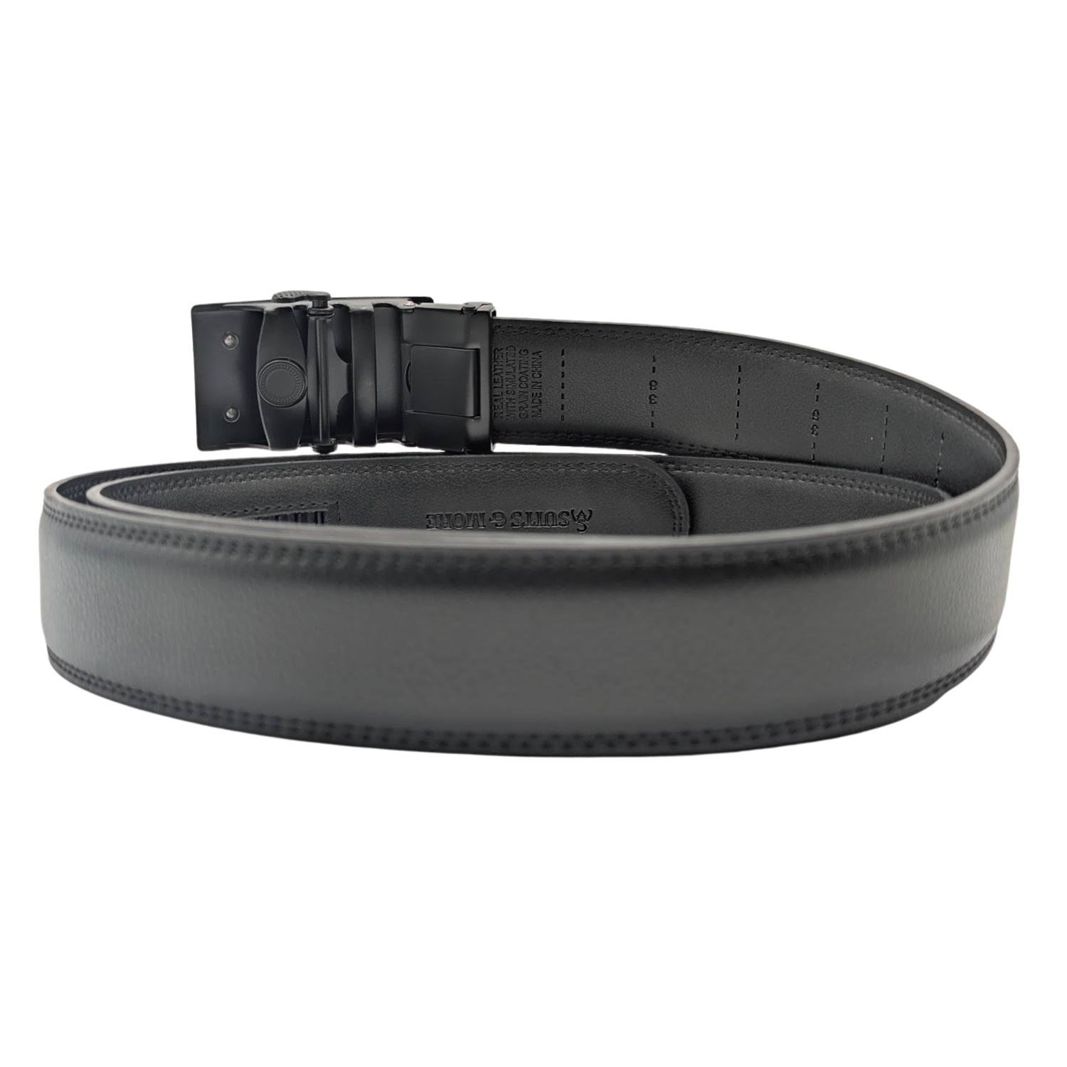 Black leather ratchet belt with removable black and silver-tone geometric buckle