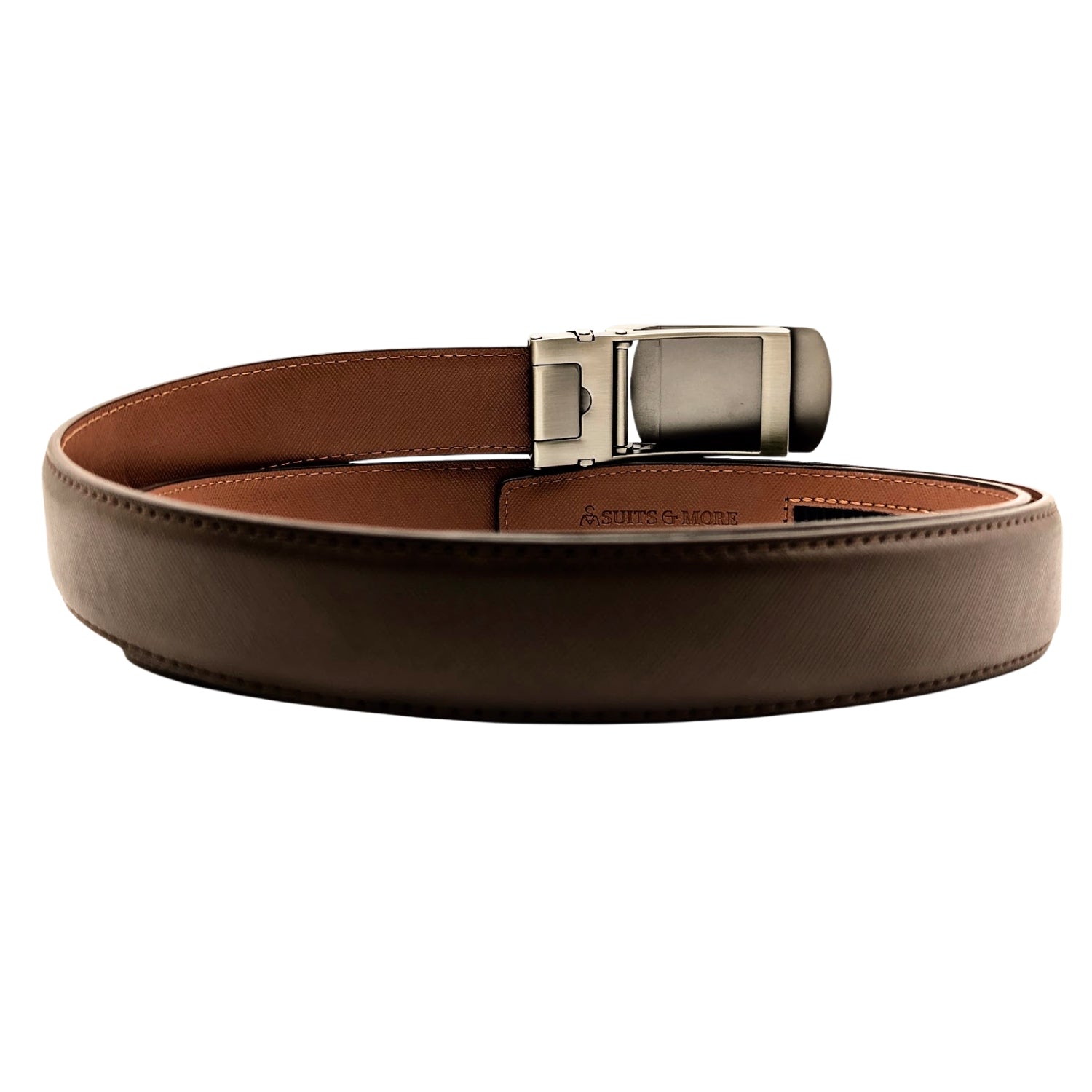 Men's brown leather ratchet belt with removable grey automatic buckle