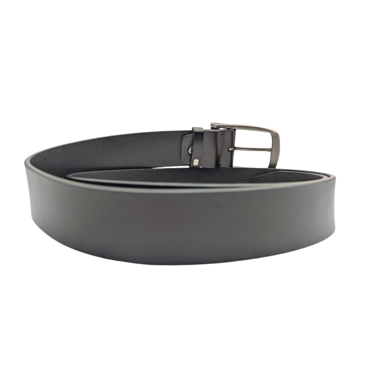 Angled view of men's dark brown unstitched leather belt