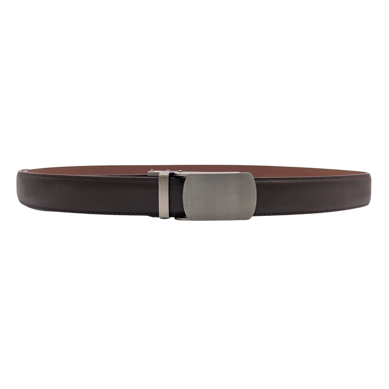 Men's brown genuine leather ratchet belt with holeless adjustment track