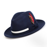 Navy Felt Fedora Hat with White Band and Red Feather by Montique