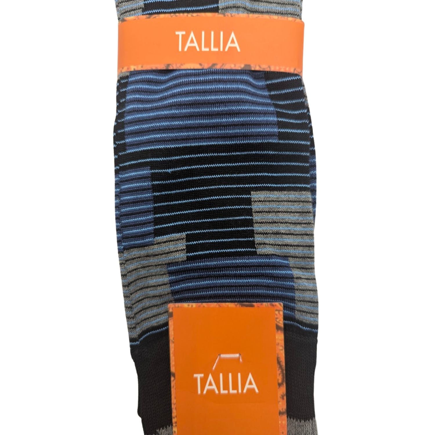 close up of black gray block stripe dress sock pattern