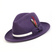 Grape Felt Fedora Hat with White Band and Red Feather by Montique