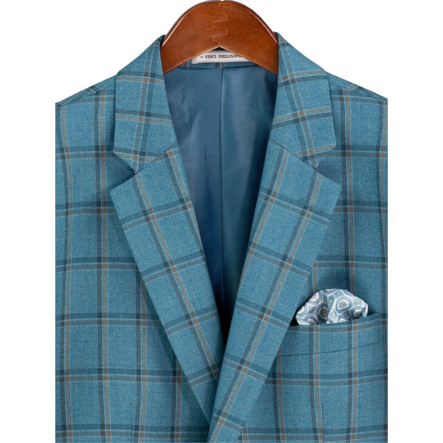 Close-up detail of teal windowpane plaid wool-feel fabric pattern