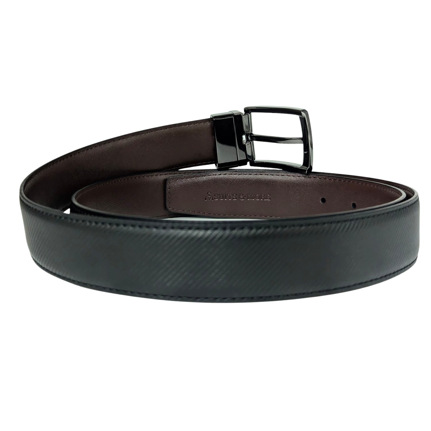 Men's black twill-weave leather belt showing dark brown interior