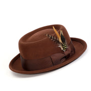 Brown Pork Pie Wool Felt Hat with Feather Accent by Montique