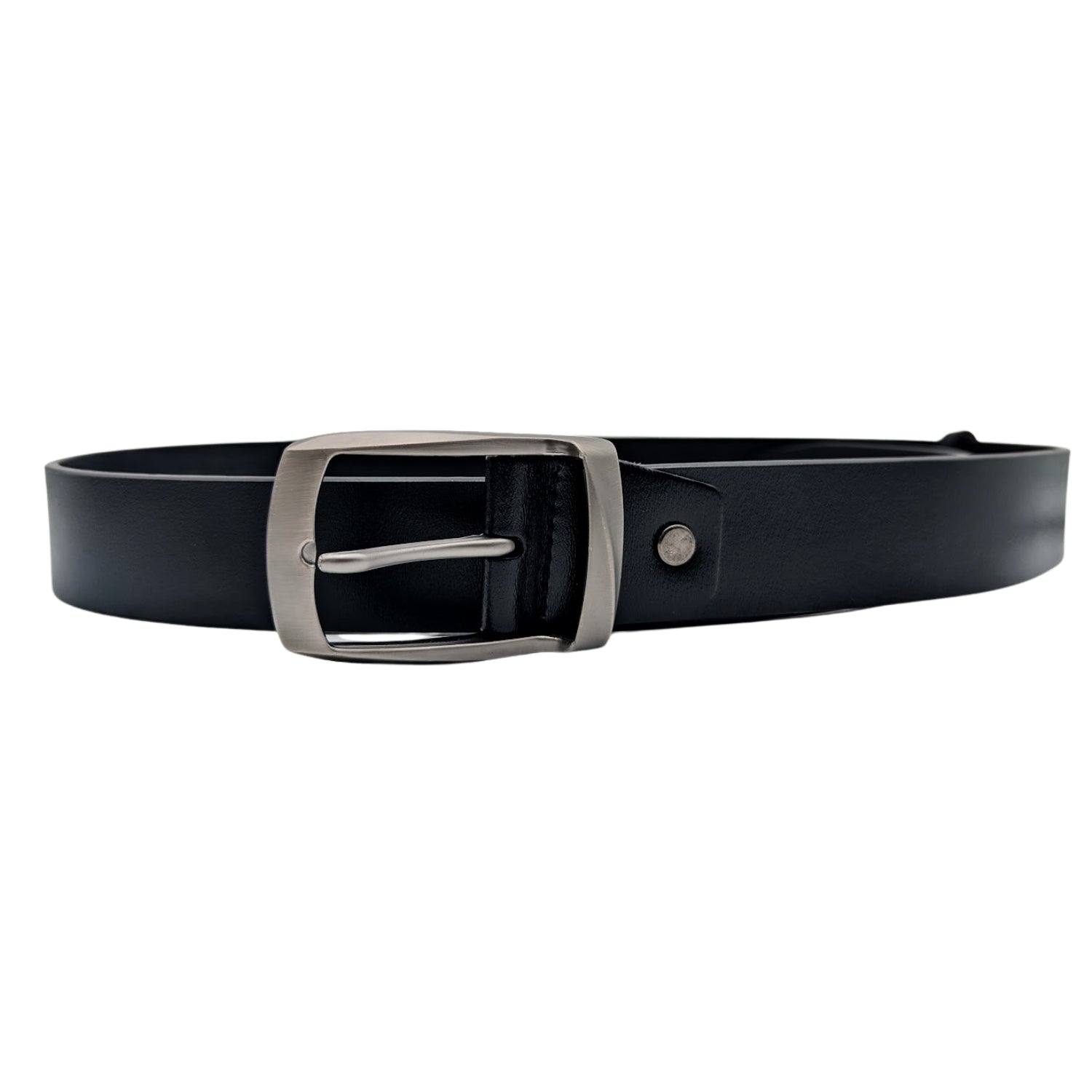 Extended black smooth leather belt with single-prong silver buckle