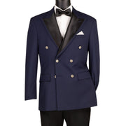 Men's Double Breasted Satin Peak Lapel Modern Fit Blazer with Bow Tie - Navy