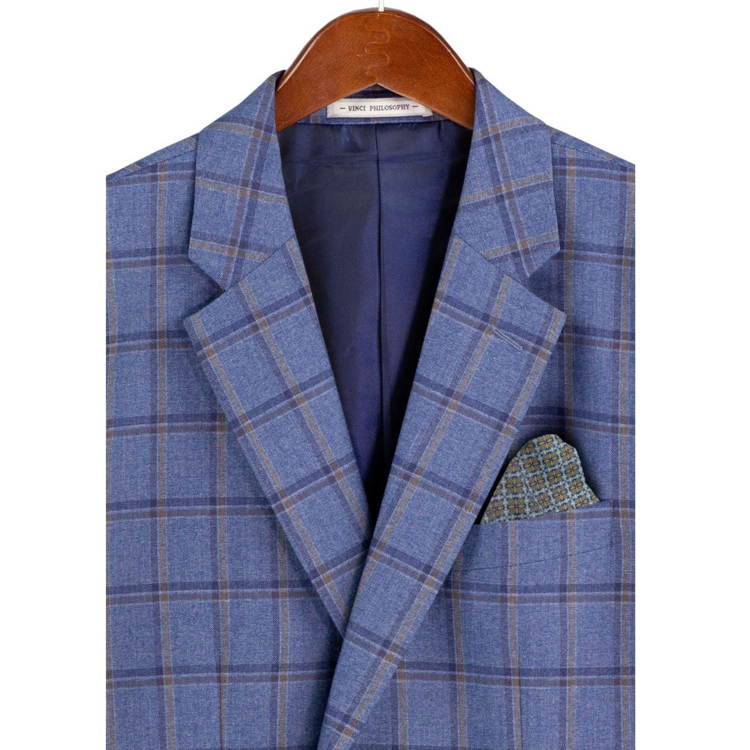 Close-up detail of blue windowpane plaid wool-feel fabric pattern