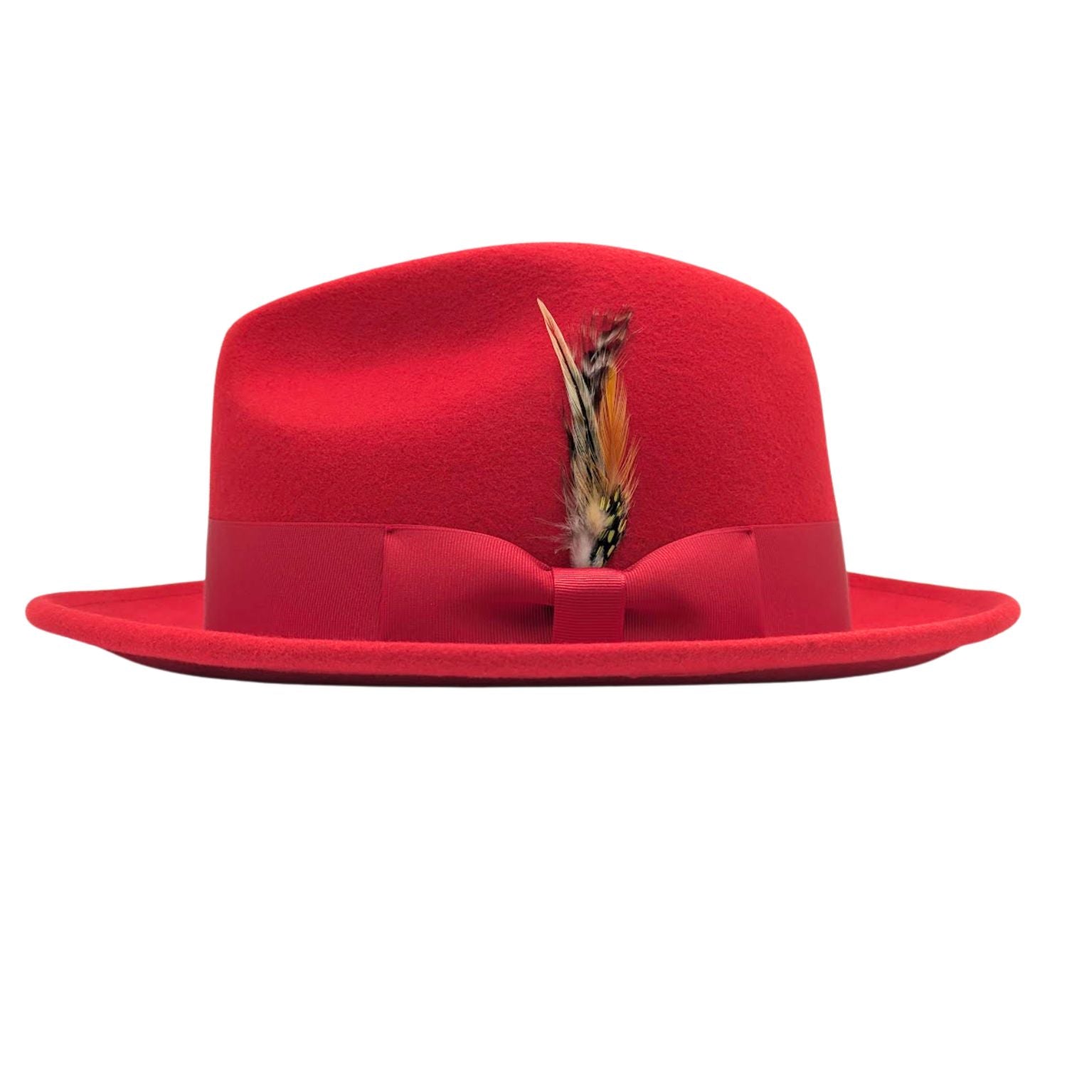 red Montique wool felt fedora hat side view with matching white ribbon bow, feather accent, and wide brim
