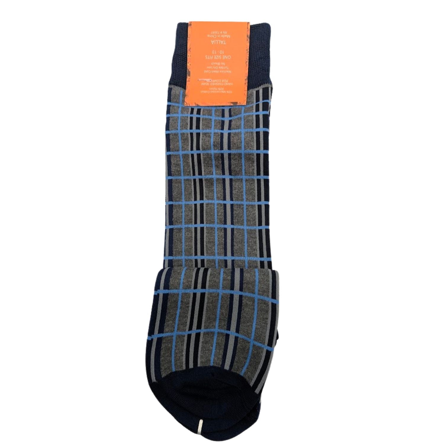 side view of grey and blue windowpane plaid dress socks