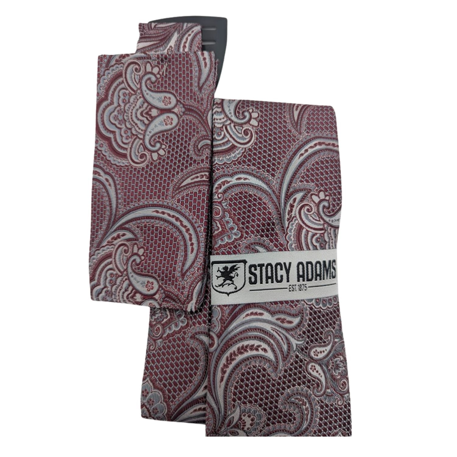 folded burgundy grey paisley necktie with matching pocket square