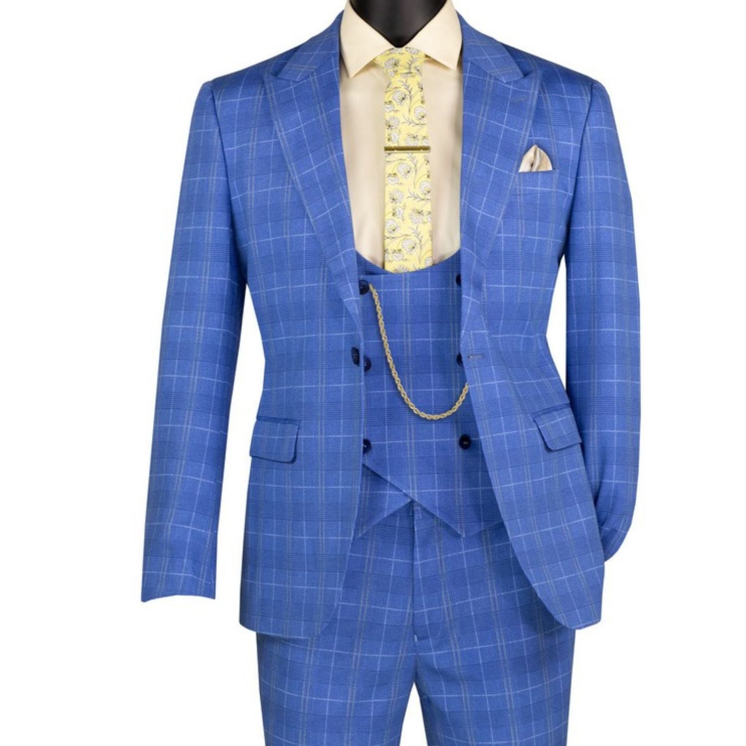Close-up detail of blue Glen Plaid suit fabric pattern
