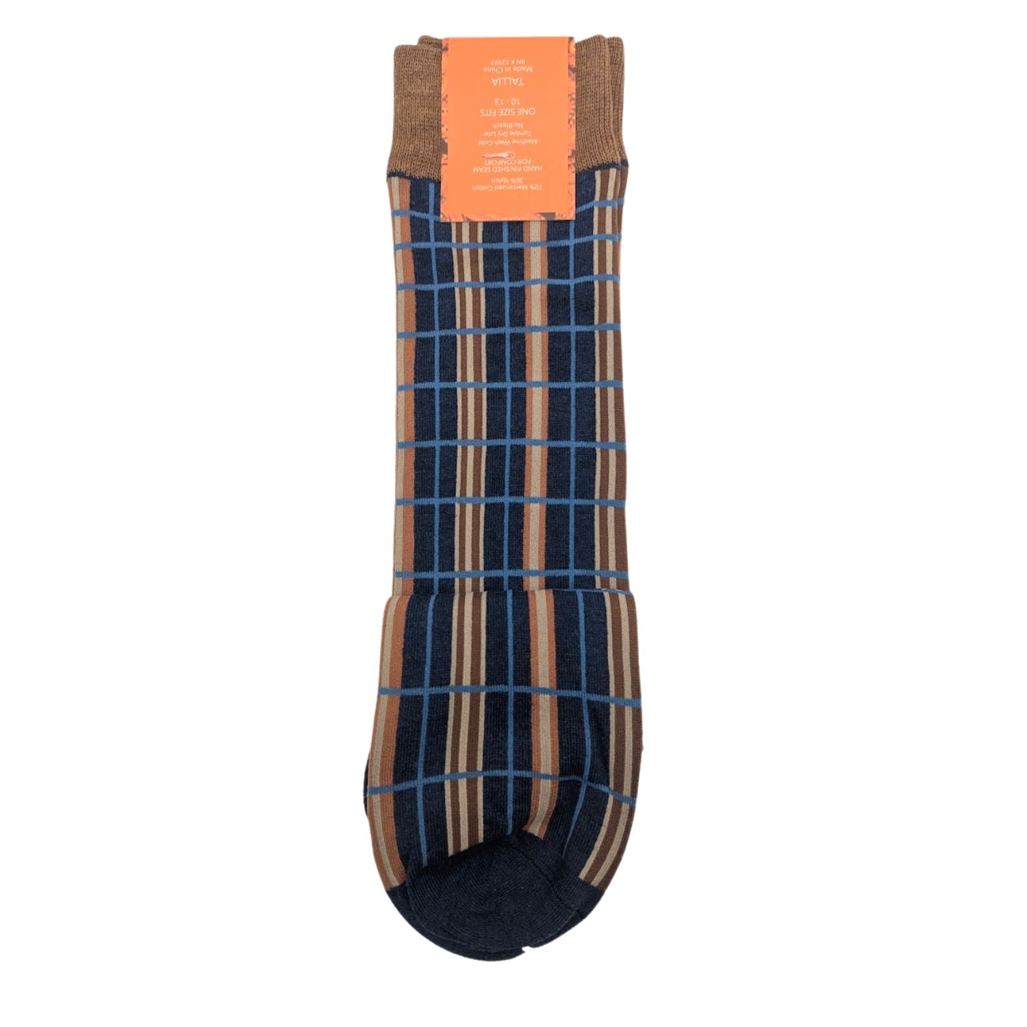 side view of brown and navy windowpane plaid dress socks