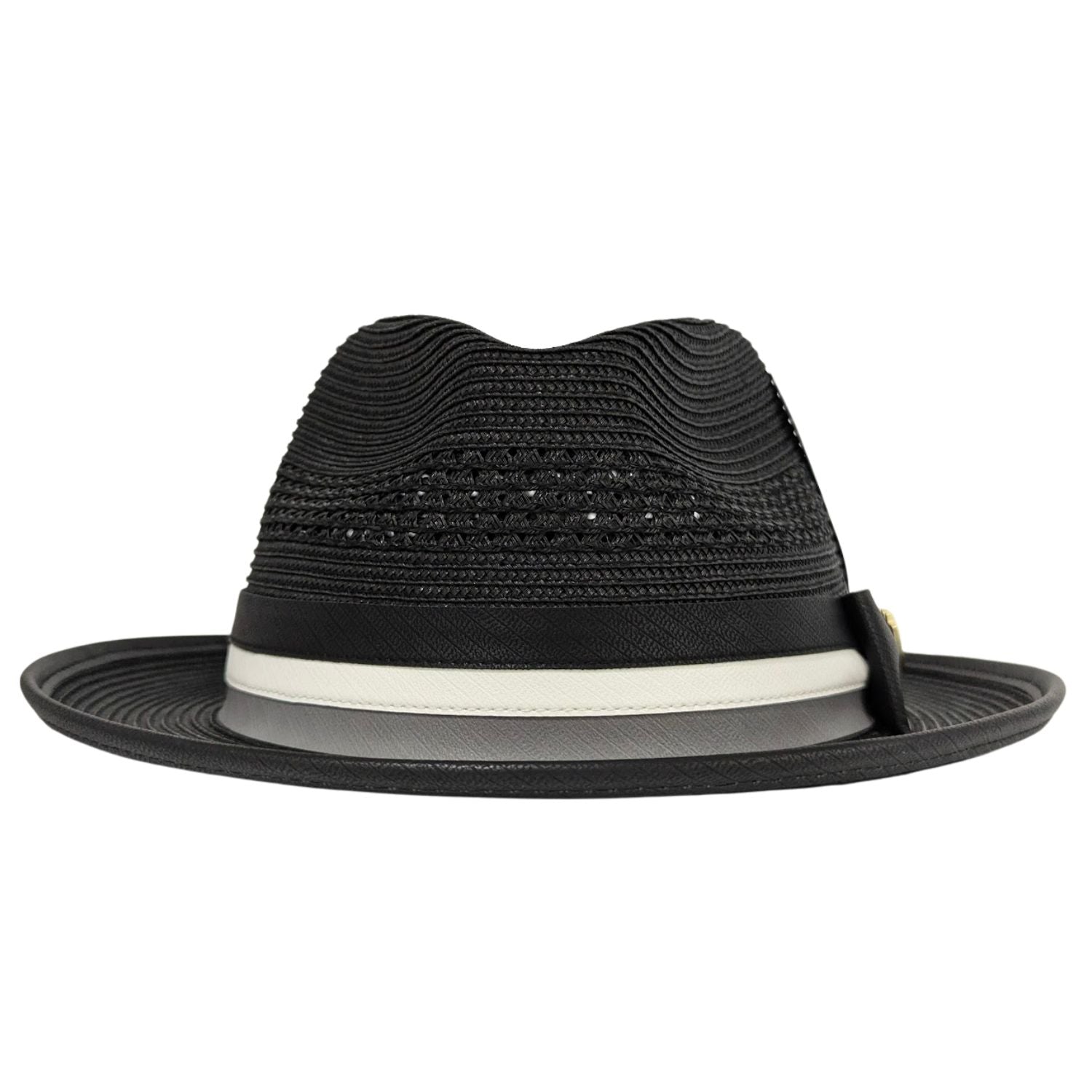 Black Montique fedora hat front view with vented woven crown, black band, white accent stripe, and wide brim