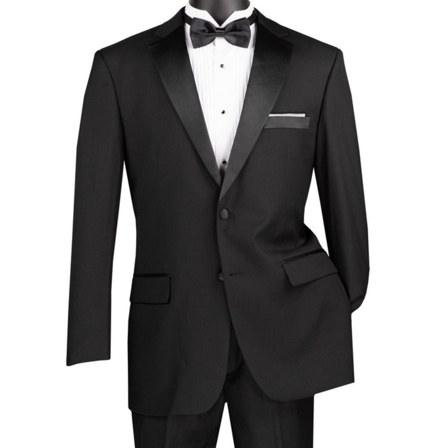 Close-up detail of black tuxedo jacket with bow tie and satin trim styling