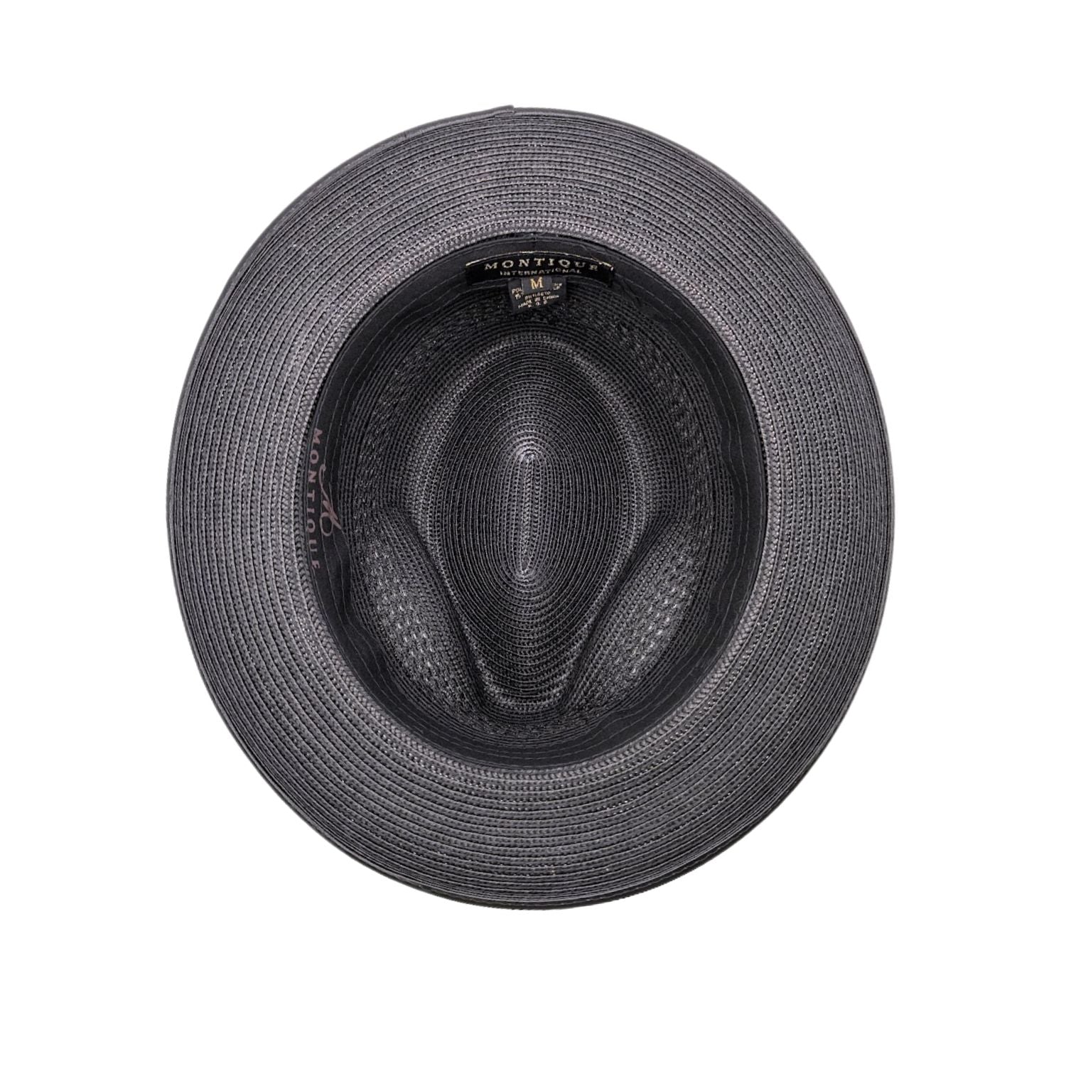 Black Montique fedora hat interior view with woven crown, black sweatband, and branded size label