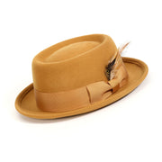 Gold Pork Pie Wool Felt Hat with Feather Accent by Montique