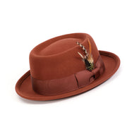 Cognac Pork Pie Wool Felt Hat with Feather Accent by Montique