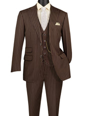 Men’s 3-Piece Pinstripe Regular Fit Suit with Peak Lapel - Brown