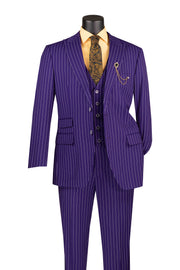 Men’s 3-Piece Pinstripe Regular Fit Suit with Peak Lapel - Purple