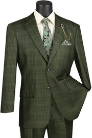 Men’s Classic Fit Glen Plaid 3 Piece Suit with Adjustable Waistband - Olive
