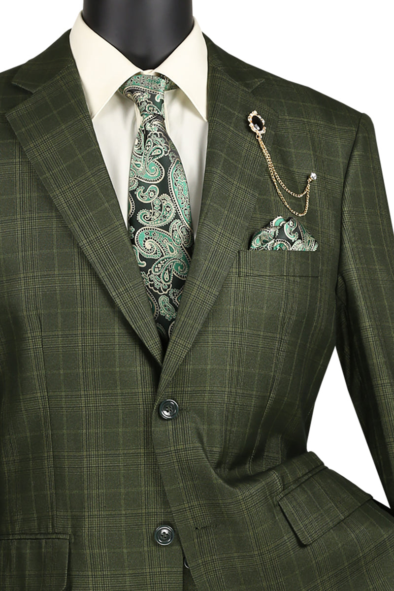 Close up of olive glen plaid fabric pattern on suit