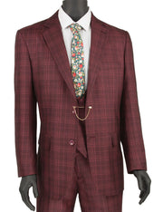Men’s Classic Fit Glen Plaid 3 Piece Suit with Adjustable Waistband - Burgundy