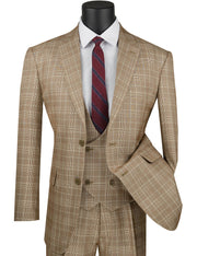 Men’s Classic Fit Glen Plaid 3 Piece Suit with Adjustable Waistband - Camel