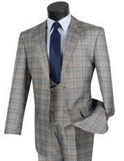 Men’s Classic Fit Glen Plaid 3 Piece Suit with Adjustable Waistband - Gray