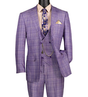 Men’s Classic Fit Glen Plaid 3 Piece Suit with Adjustable Waistband - Light Purple